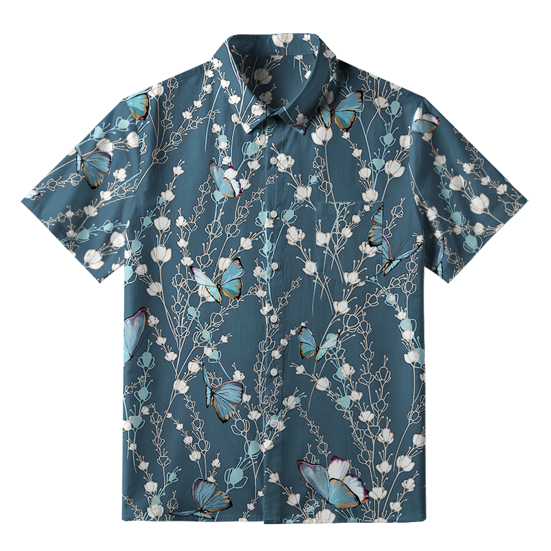 Tokyo-Tiger Blue Floral And Butterfly Button-up Shirt