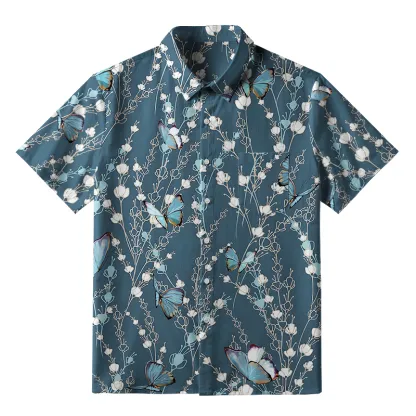 Tokyo-Tiger Blue Floral And Butterfly Button-up Shirt