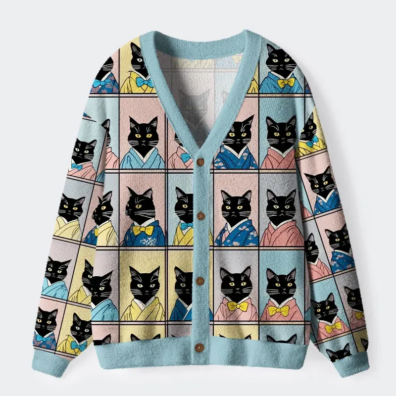 Tokyo-Tiger Black Cat Wearing A Kimono Ugly Cardigan Sweater