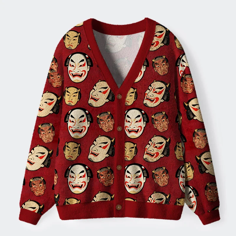 Tokyo-Tiger Japanese Mask Ugly Cardigan Sweater