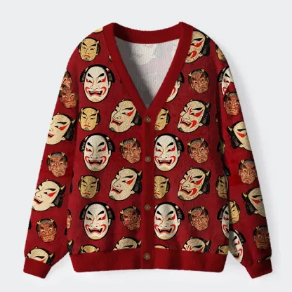 Tokyo-Tiger Japanese Mask Ugly Cardigan Sweater