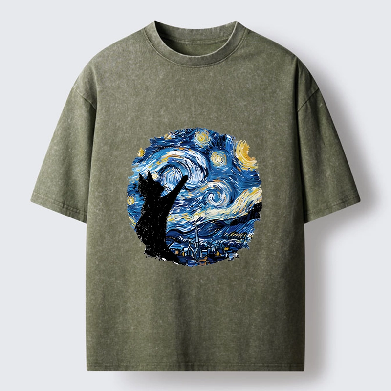 Tokyo-Tiger Starry Night Black Cat Washed T-Shirt