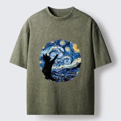 Tokyo-Tiger Starry Night Black Cat Washed T-Shirt