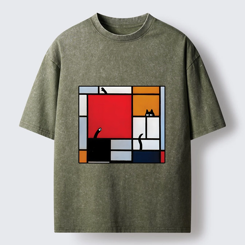 Tokyo-Tiger Geometric Cat Hide And Seek Washed T-Shirt