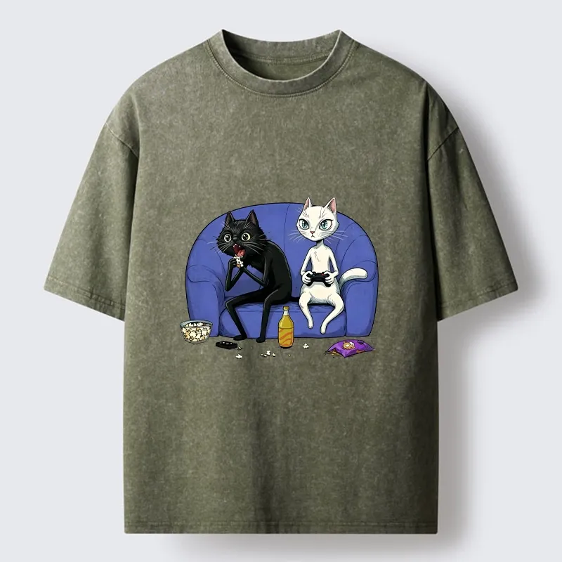 Tokyo-Tiger Two Cats One Couch Endless Fun Washed T-Shirt