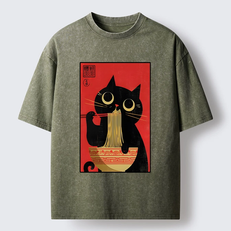 Tokyo-Tiger Cat Eats Ramen Like A Pro Washed T-Shirt