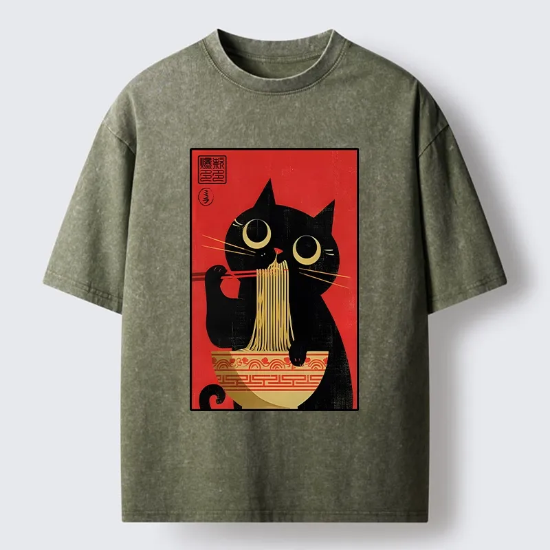 Tokyo-Tiger Cat Eats Ramen Like A Pro Washed T-Shirt