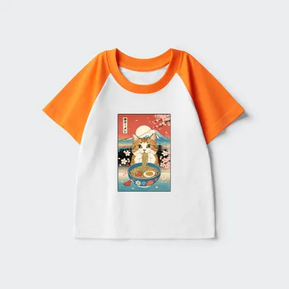 Tokyo-Tiger Funny Orange Cat Eating Ramen Japan Kids Raglan T-shirt
