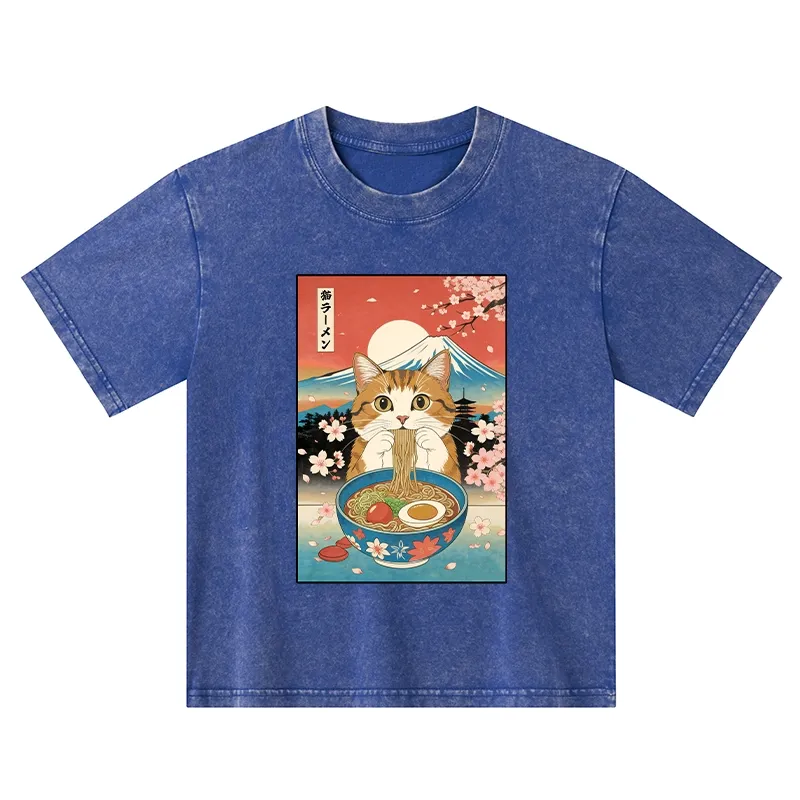 Tokyo-Tiger Funny Orange Cat Eating Ramen Japan Kids Washed T-Shirt