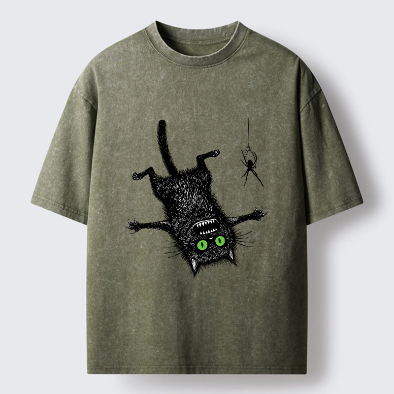 Tokyo-Tiger Scared Cat Vs Spider Prank Washed T-Shirt