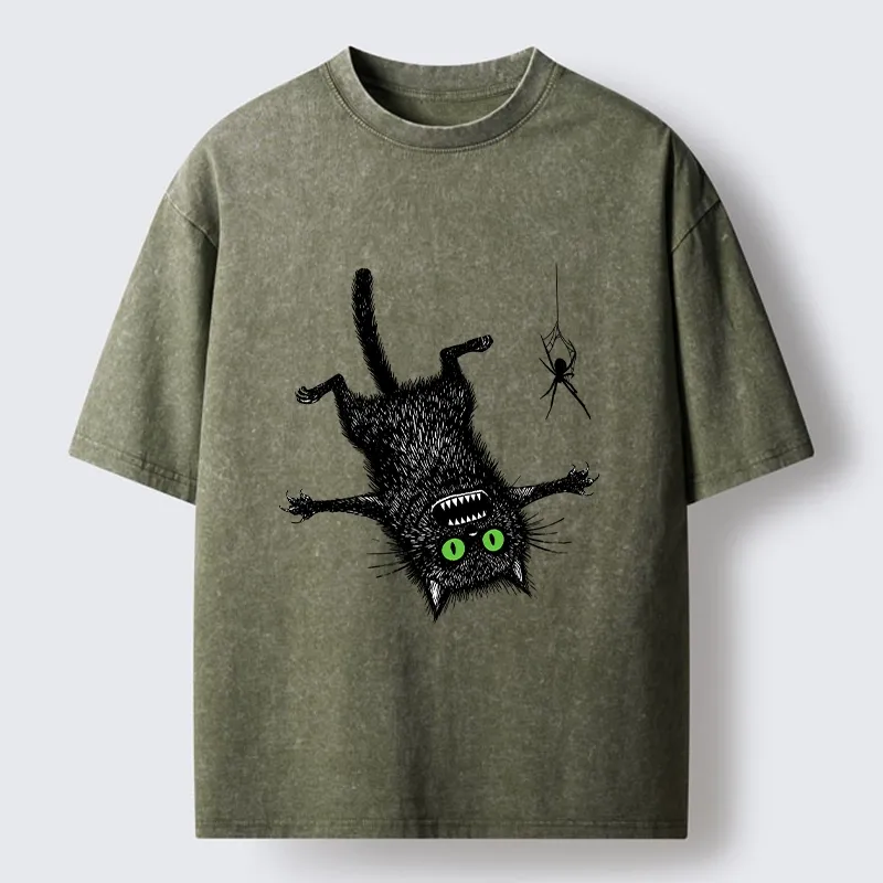 Tokyo-Tiger Scared Cat Vs Spider Prank Washed T-Shirt
