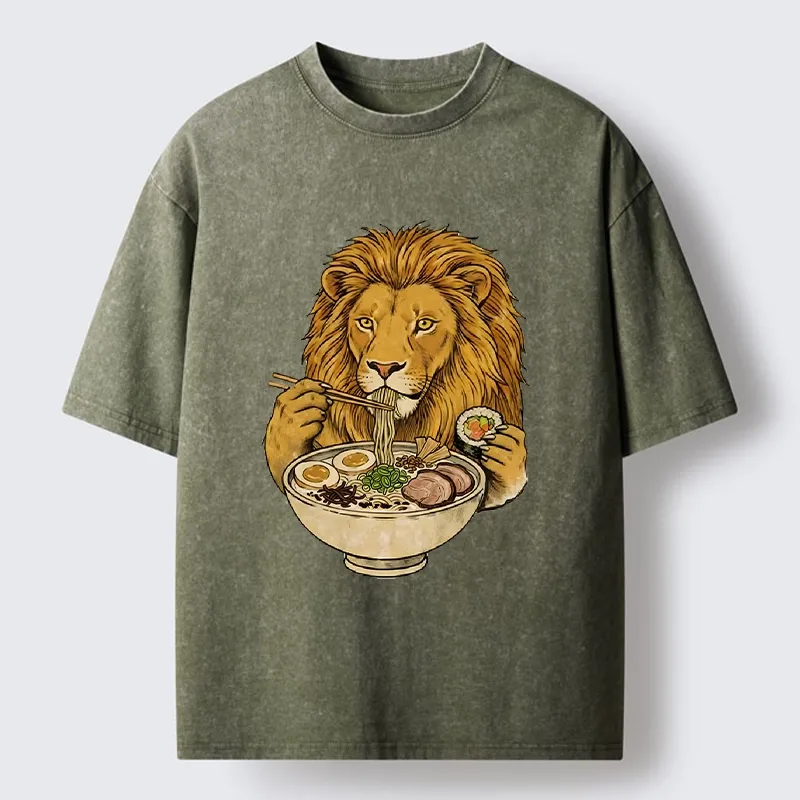 Tokyo-Tiger King Lion Enjoying Ramen Dinner Washed T-Shirt