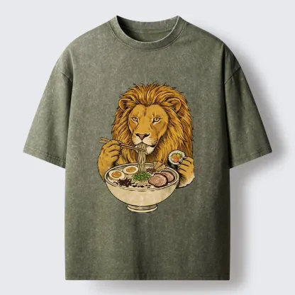 Tokyo-Tiger King Lion Enjoying Ramen Dinner Washed T-Shirt