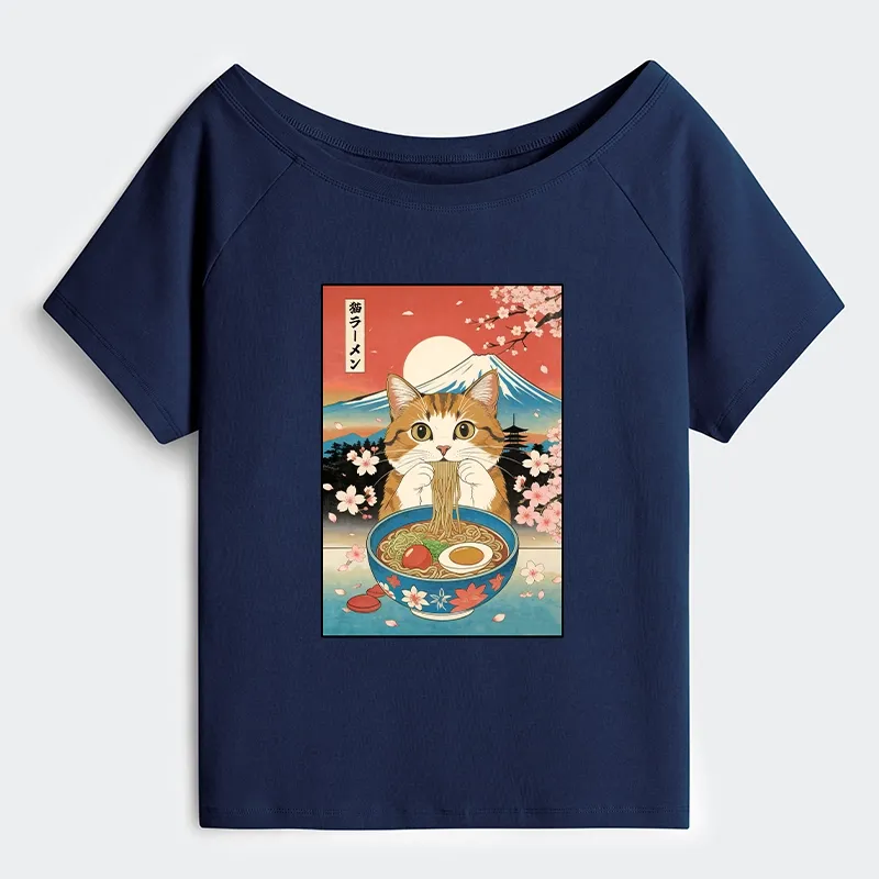 Tokyo-Tiger Funny Orange Cat Eating Ramen Japan Off Shoulder T-Shirt