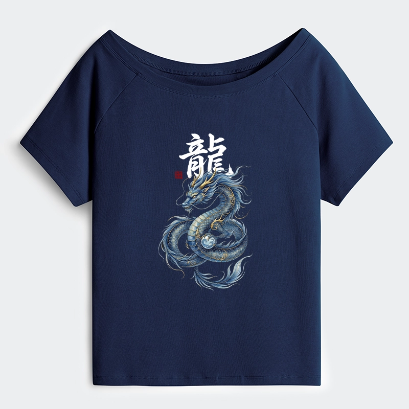 Tokyo-Tiger Mythic Blue Dragon Off Shoulder T-Shirt