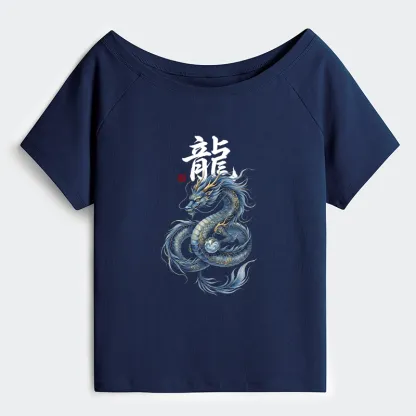 Tokyo-Tiger Mythic Blue Dragon Off Shoulder T-Shirt