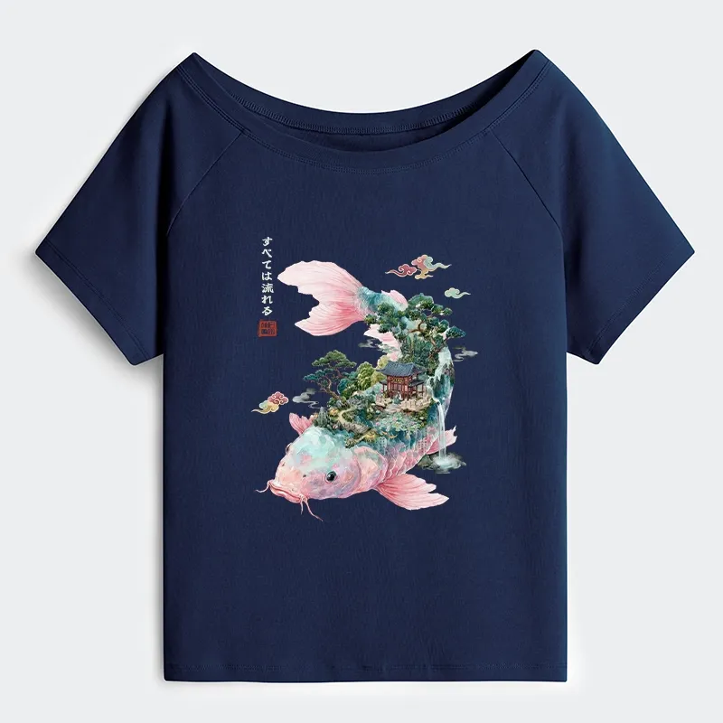 Tokyo-Tiger Journey Of The Flowing Koi Off Shoulder T-Shirt