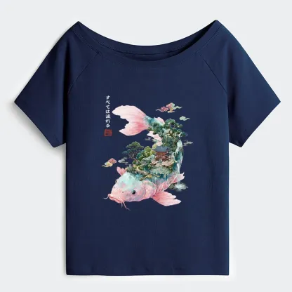 Tokyo-Tiger Journey Of The Flowing Koi Off Shoulder T-Shirt