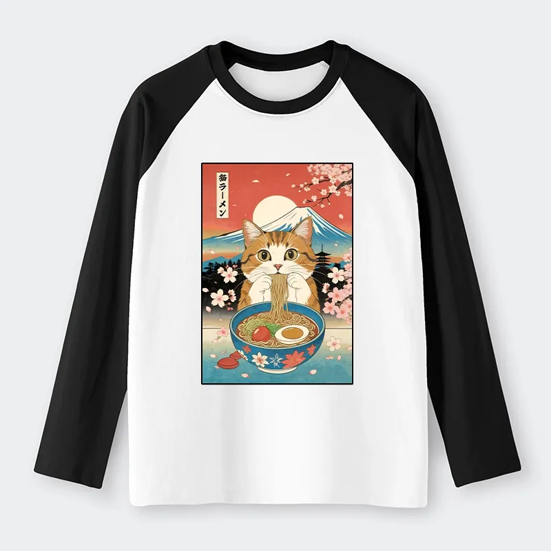 Tokyo-Tiger Funny Orange Cat Eating Ramen Japan Raglan Long Sleeve T-shirt