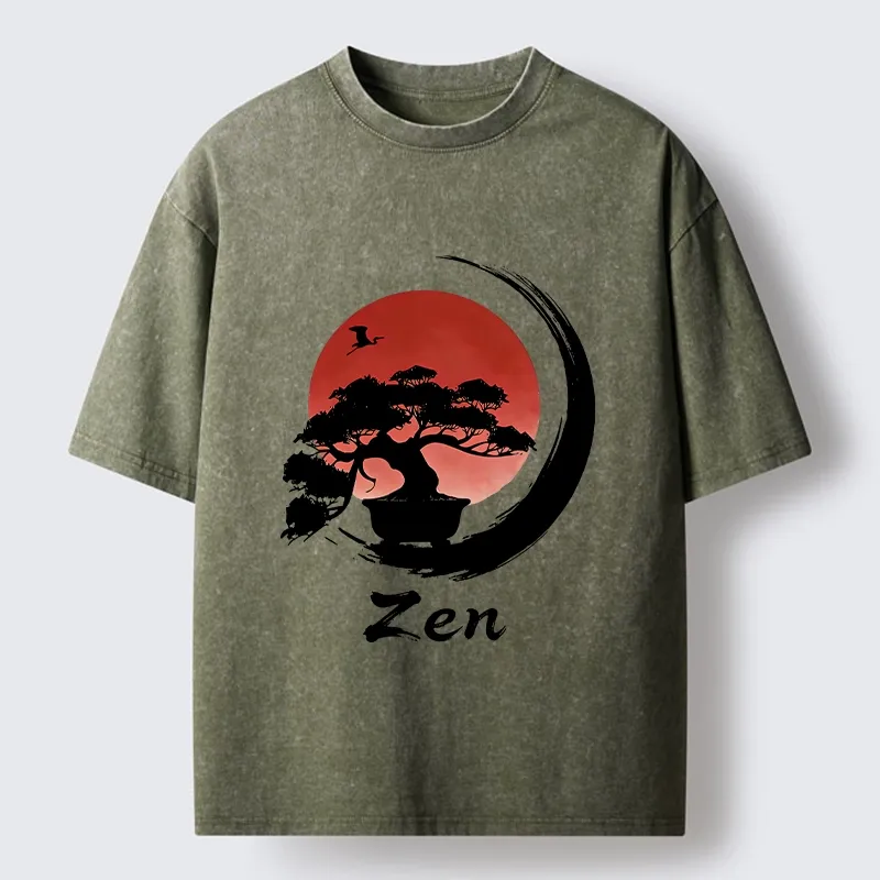 Tokyo-Tiger Zen Bonsai Peaceful Retreat Washed T-Shirt