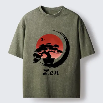 Tokyo-Tiger Zen Bonsai Peaceful Retreat Washed T-Shirt