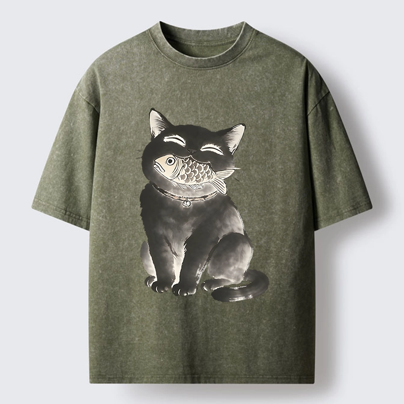 Tokyo-Tiger Black Cat Delightful Feast Washed T-Shirt