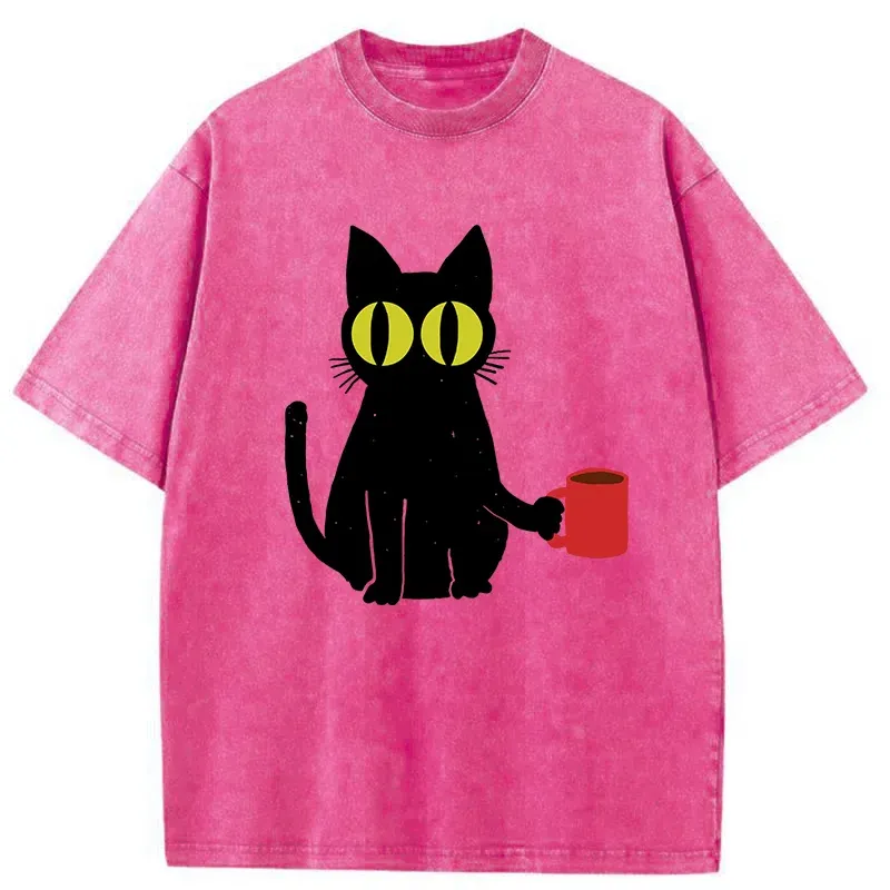 Tokyo-Tiger Cat Holding Coffee Washed T-Shirt