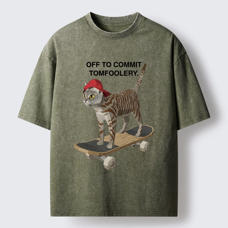 Tokyo-Tiger Skateboarding Cat Funny Meme Washed T-Shirt