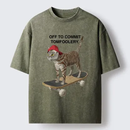 Tokyo-Tiger Skateboarding Cat Funny Meme Washed T-Shirt