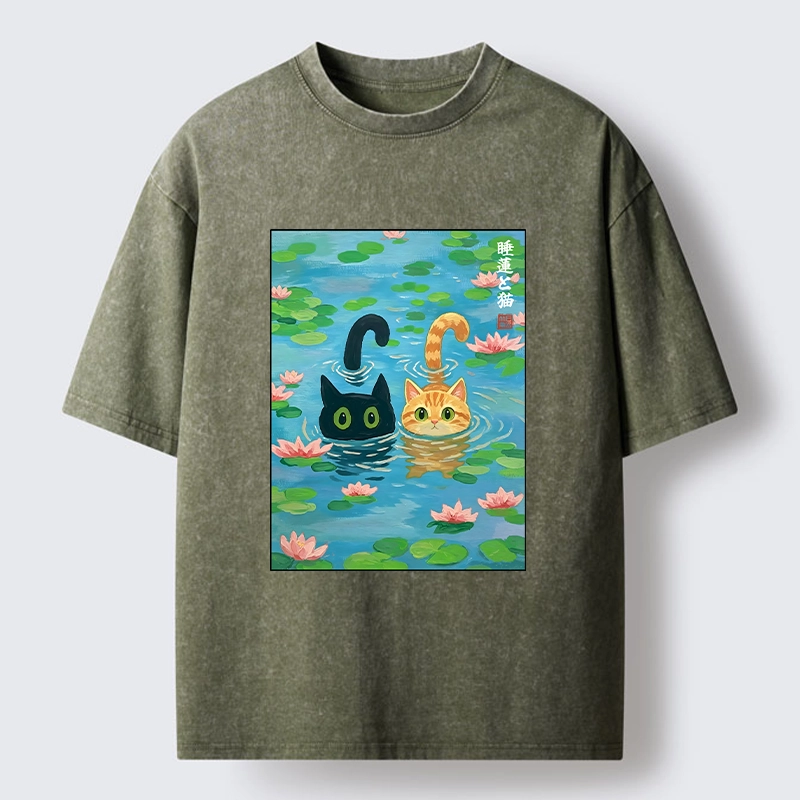 Tokyo-Tiger Cats In The Lotus Pond Washed T-Shirt