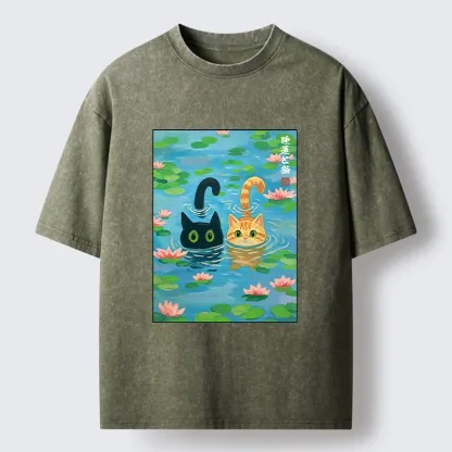 Tokyo-Tiger Cats In The Lotus Pond Washed T-Shirt