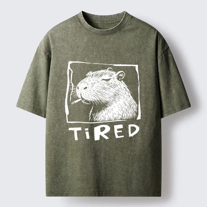 Tokyo-Tiger Tired Life Funny Capybara Art Washed T-Shirt