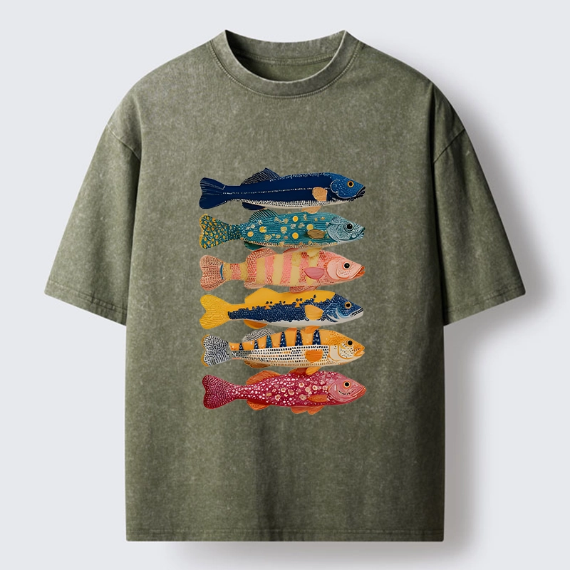 Tokyo-Tiger Colorful Fish Art Collection Washed T-Shirt