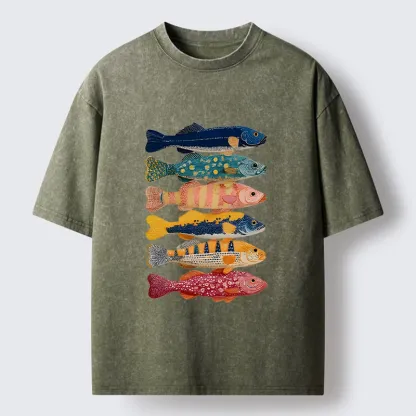 Tokyo-Tiger Colorful Fish Art Collection Washed T-Shirt