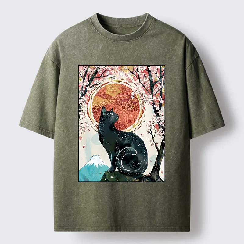 Tokyo-Tiger Black Cat Sakura Washed T-Shirt