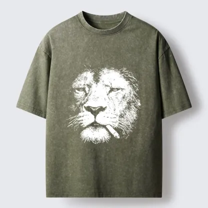 Tokyo-Tiger Tired Lion Funny Smoking Washed T-Shirt