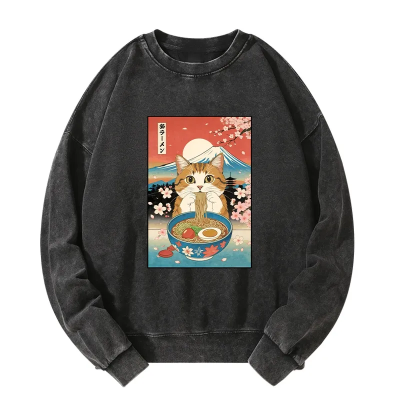 Tokyo-Tiger Funny Orange Cat Eating Ramen Japan Washed Sweatshirt