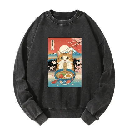 Tokyo-Tiger Funny Orange Cat Eating Ramen Japan Washed Sweatshirt