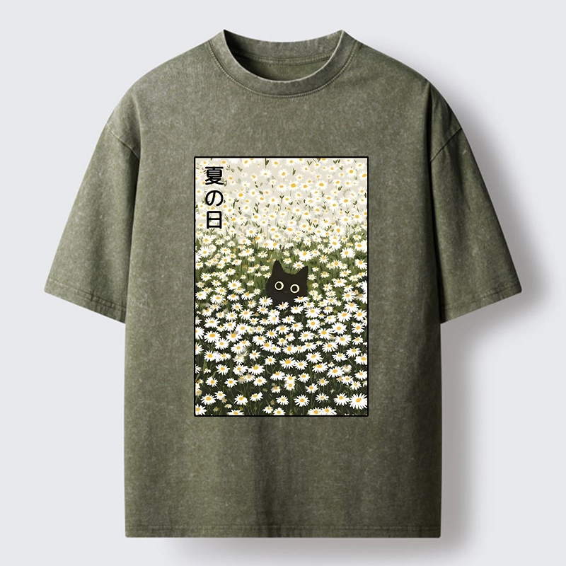 Tokyo-Tiger Summer Day Daisies Black Cat Washed T-Shirt