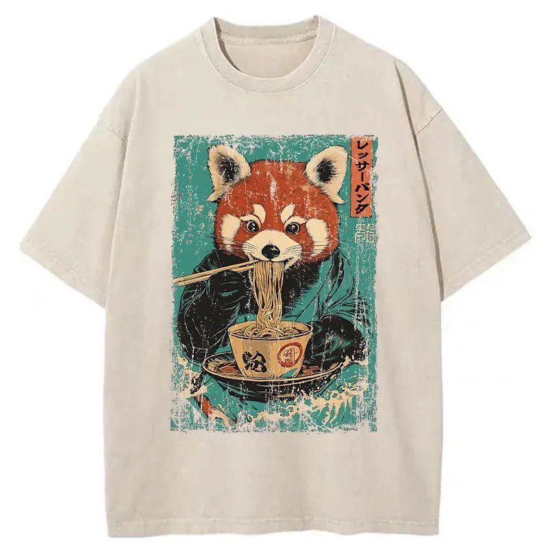 Tokyo-Tiger Raccoon Eating Ramen Washed T-Shirt