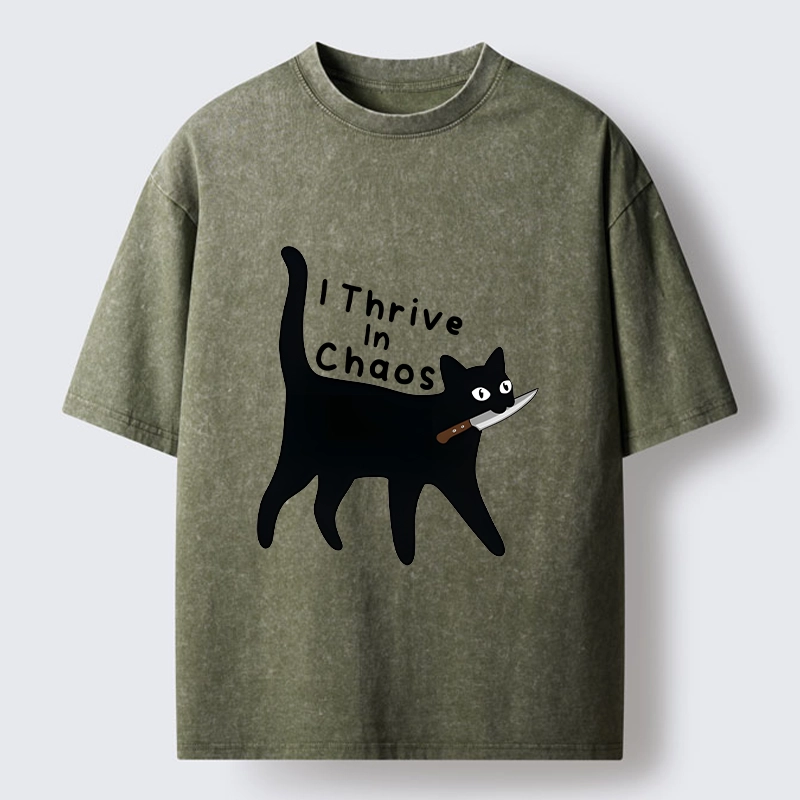 Tokyo-Tiger Chaotic Black Cat With Knife Washed T-Shirt