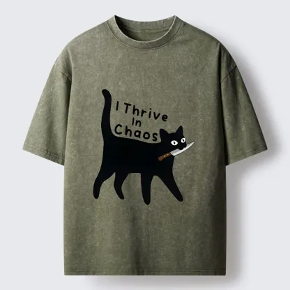Tokyo-Tiger Chaotic Black Cat With Knife Washed T-Shirt