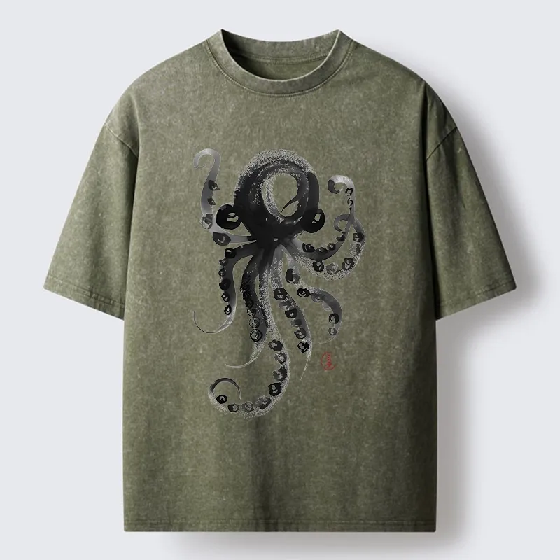 Tokyo-Tiger Japanese Ink Octopus Art Washed T-Shirt