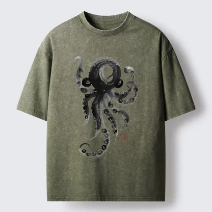 Tokyo-Tiger Japanese Ink Octopus Art Washed T-Shirt