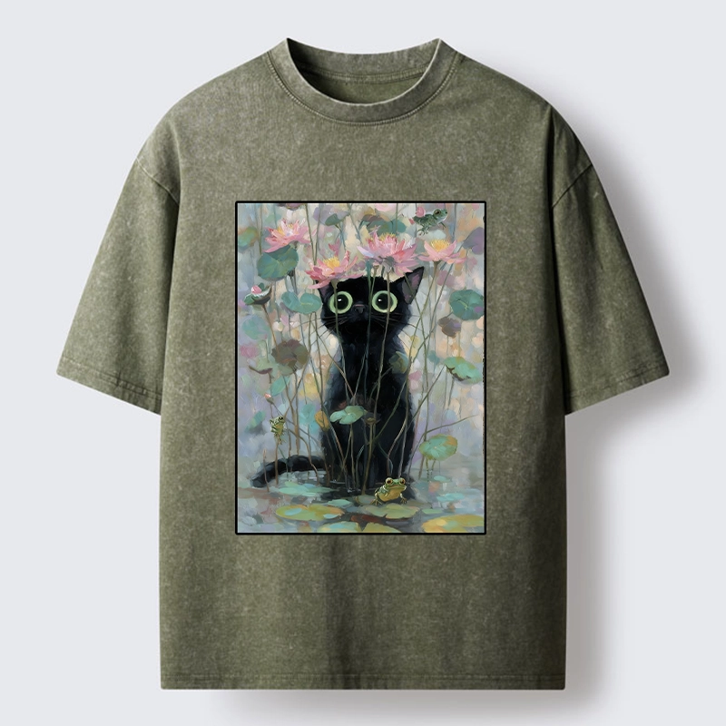Tokyo-Tiger Black Cat In The Lotus Pond Washed T-Shirt