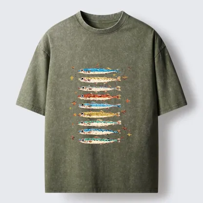 Tokyo-Tiger Colorful Fish Family Art Washed T-Shirt