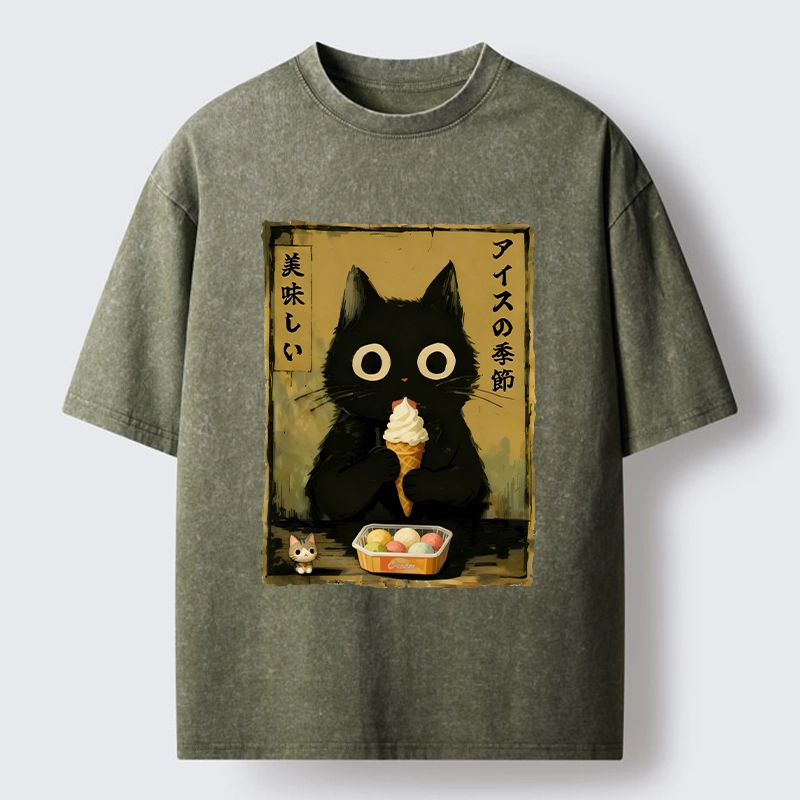Tokyo-Tiger Black Cat Loves Ice Cream Washed T-Shirt