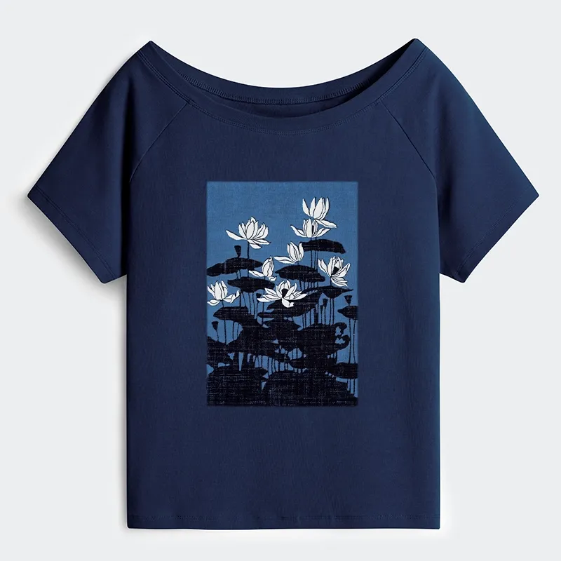Tokyo-Tiger Blue Lotus Japanese Art Off Shoulder T-Shirt