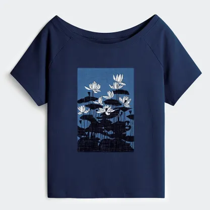 Tokyo-Tiger Blue Lotus Japanese Art Off Shoulder T-Shirt