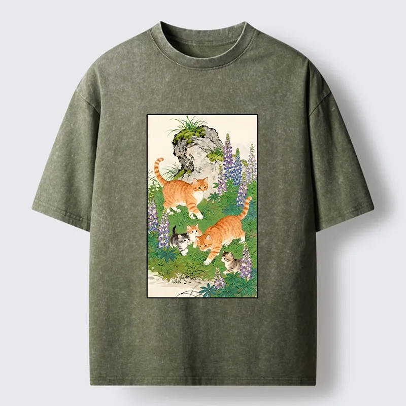 Tokyo-Tiger Tabby Cats In Garden Meme Washed T-Shirt